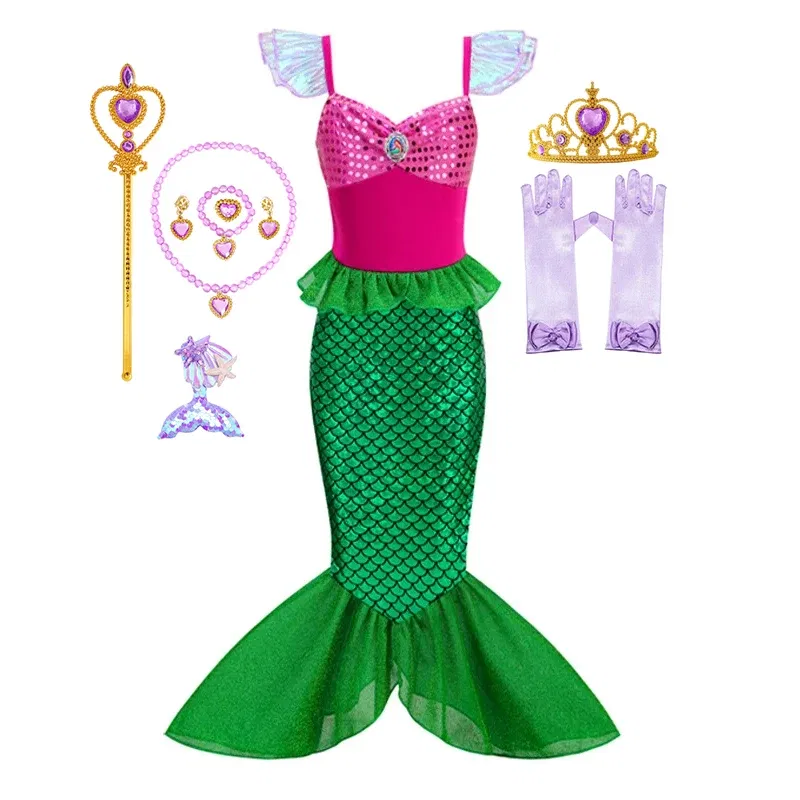 Color: black, Kid Size: 5 - Disney Little Mermaid Ariel Costumes for Girls Princess Dress Cosplay Halloween Carnival Kids Birthday Party Dress Up Clothing