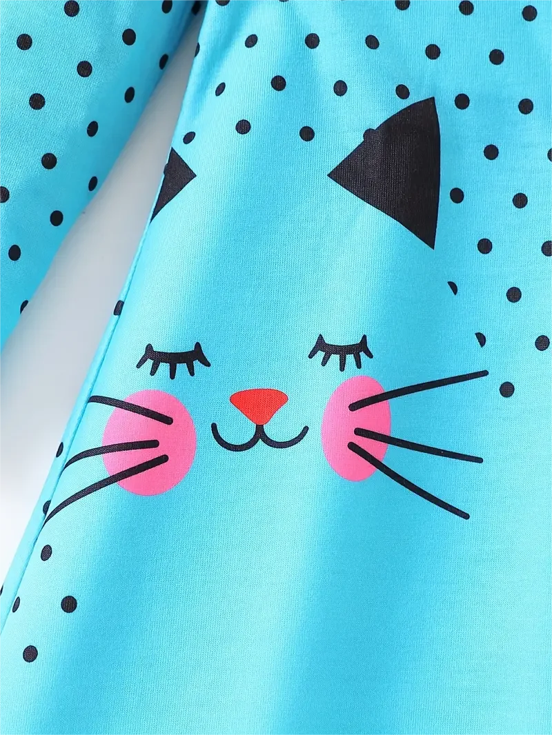 Kid Size: 2T - Dots & Kitty Print Girls Long Sleeve Dress, Spring and Autumn everyday sweet casual dress, parties, gifts