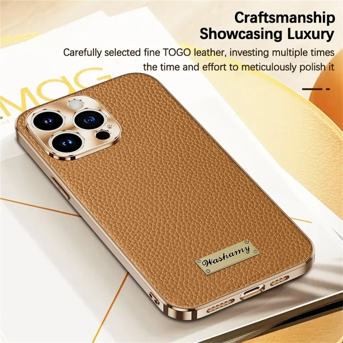 Color: Brown, Compatible-Phone Models: For iPhone 15 - Luxury Genuine Leather Phone Case For iPhone 15 14 13 Pro Max Plating Soft Silicone Frame Shockproof Cover For iPhone 16 Pro Max