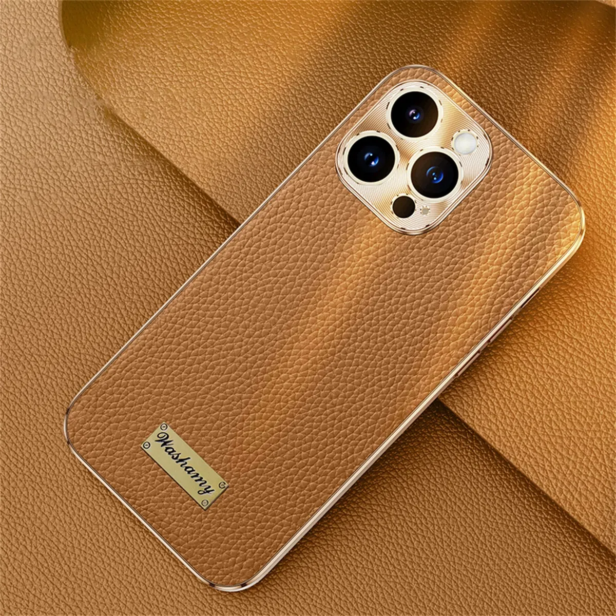 Color: Brown, Compatible-Phone Models: For iPhone 15 - Luxury Genuine Leather Phone Case For iPhone 15 14 13 Pro Max Plating Soft Silicone Frame Shockproof Cover For iPhone 16 Pro Max