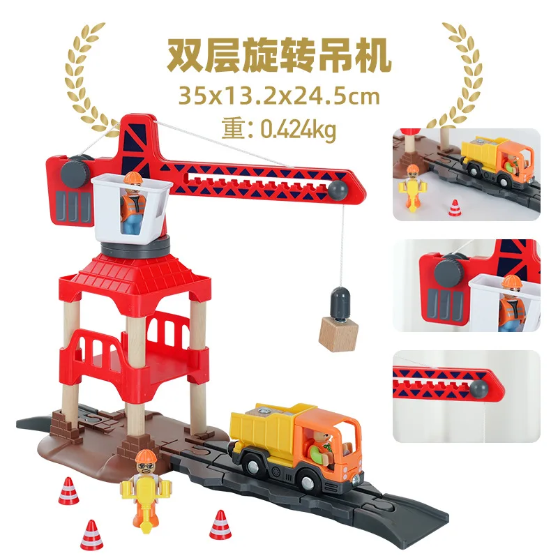 Color: army green - Wooden Train Tracks Railway Toys Set Parking lot apron fire station gas station rotary crane Overpass Model for Kids Toys Gifts