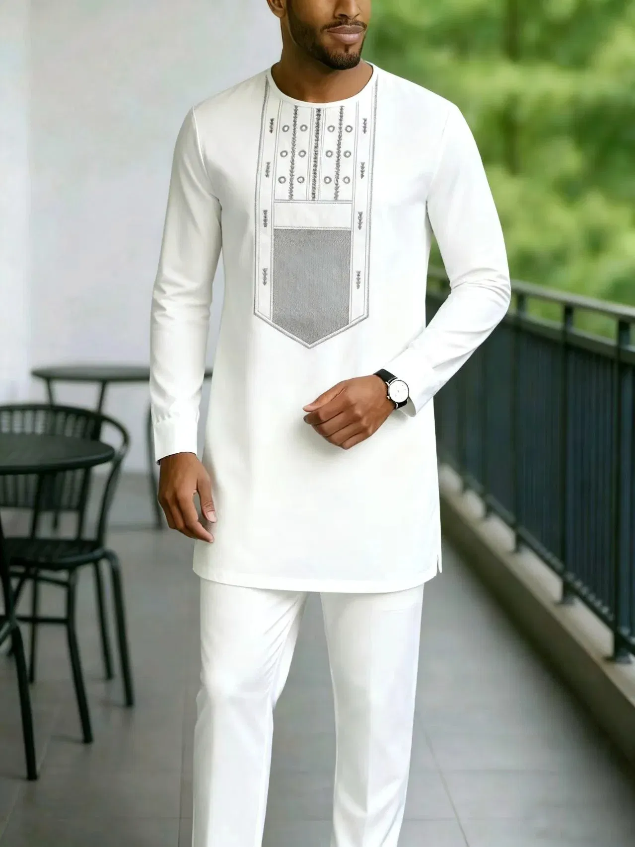Color: WHITE, Size: M - New Men's Tenos Wedding 2-Piece Suit Waist Pants Shirt Solid Color Panel Long Sleeve Party African Ethnic Style Clothing (M-4XL)