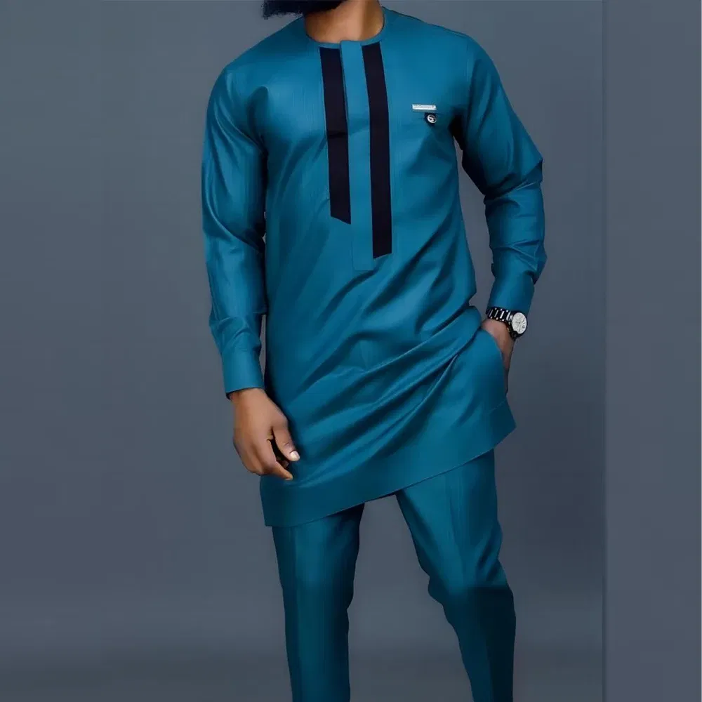Color: WHITE, Size: M - New Men's Tenos Wedding 2-Piece Suit Waist Pants Shirt Solid Color Panel Long Sleeve Party African Ethnic Style Clothing (M-4XL)
