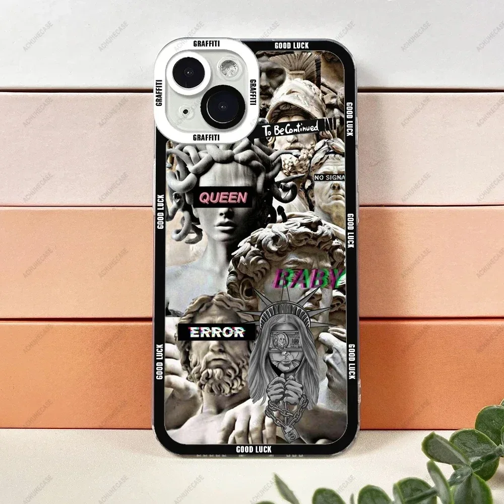 Color: Beige, Material: PE - Aesthetic Statue Art Phone Case For iPhone 16 15 14 13 12 11 Pro Max XS X XR Plus Mini Luxury Transparent Soft Funda