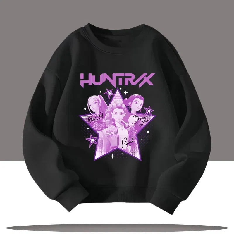 Color: Dark Grey, Kid Size: 4 - K-pop Demon Hunters New Children's Round-neck Sports Shirt with Cartoon Print - 3-12 Years Old Cute Girl Casual Top