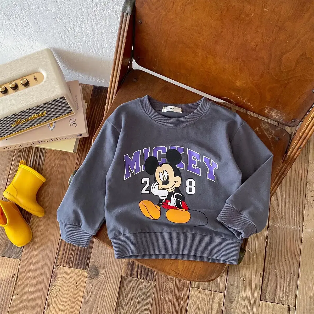 Color: Beige, Kid Size: 9M - Fashion Cartoon Printed Children Hoodies Crewneck Baby Boys Girls Long Sleeve Tops Loose Disney Kids Clothing Autumn Sweatshirts