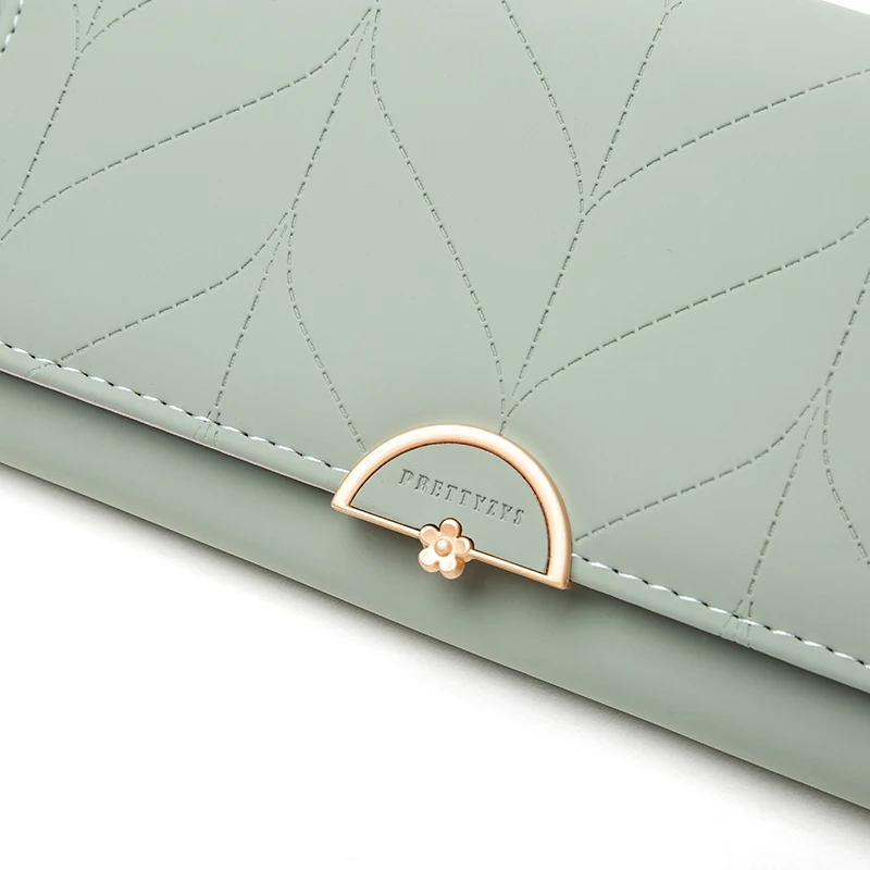 Color: light green - 2023 spring new women's long purse Japanese and South Korea small fresh plaid buckle folding hold bag large capacity women's mul