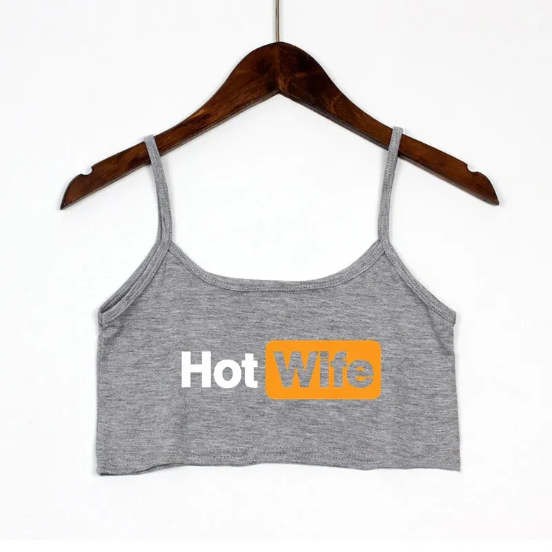Color: SKY BLUE, Size: L - Funny HOT WIFE Letters Print New Sexy Crop Top Summer Women's Sexy Elastic Cotton Camis Sleeveless Short Tank Top Bar Women