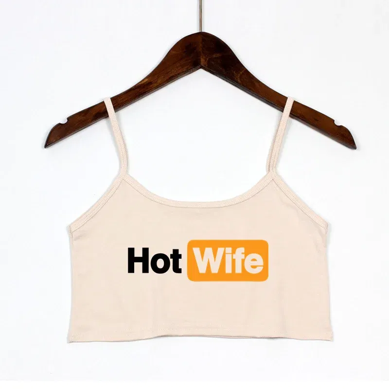 Color: SKY BLUE, Size: L - Funny HOT WIFE Letters Print New Sexy Crop Top Summer Women's Sexy Elastic Cotton Camis Sleeveless Short Tank Top Bar Women