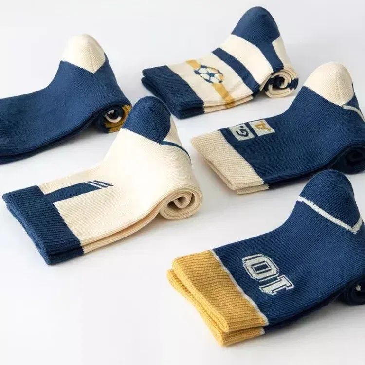 Color: SKY BLUE, Size: 4-6T - Baby Socks 5 Pairs/lot Autumn Cotton Socks Kids Boys Calf-length Striped Socks Children's Spring Autumn Socks