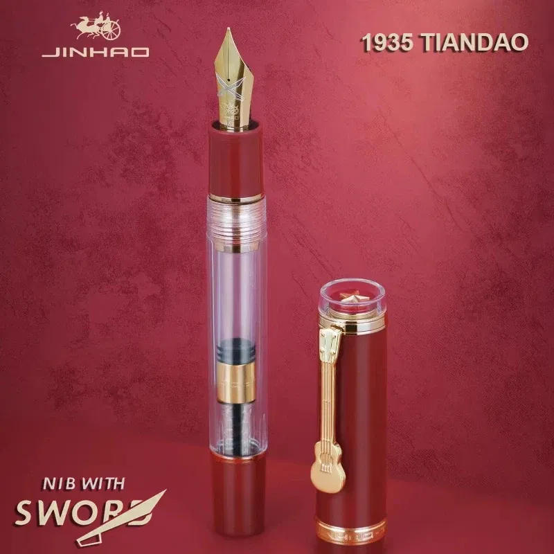 Color: Red, Nib Size: F - Jinhao 1935 TIANDAO Fountain Pen Luxury Guitar Clip F/M Sword Nib Writing Calligraphy Ink Pens Office School Supplies Stationary