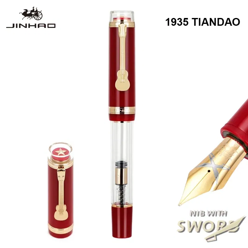 Color: Red, Nib Size: F - Jinhao 1935 TIANDAO Fountain Pen Luxury Guitar Clip F/M Sword Nib Writing Calligraphy Ink Pens Office School Supplies Stationary