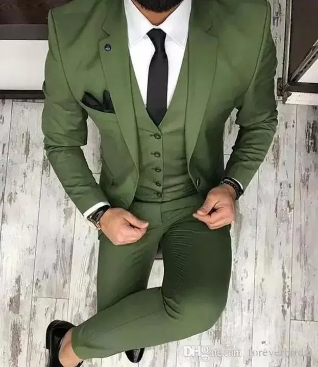 Color: army green, Size: XXXL - Latest Olive Green Men Suits for Groom 3 Piece Classic Wedding Tuxedo Notched Lapel Best Man Slim Fit Blazer trajes de hombre