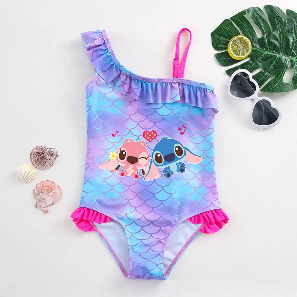 Color: Khaki, Size: L - Stitch Girls Swimsuit Fashion Mermaid Fish Scale One-Piece Bathing Suits Children's Dresses Summer Swimwear Beach Suit Kids Wear