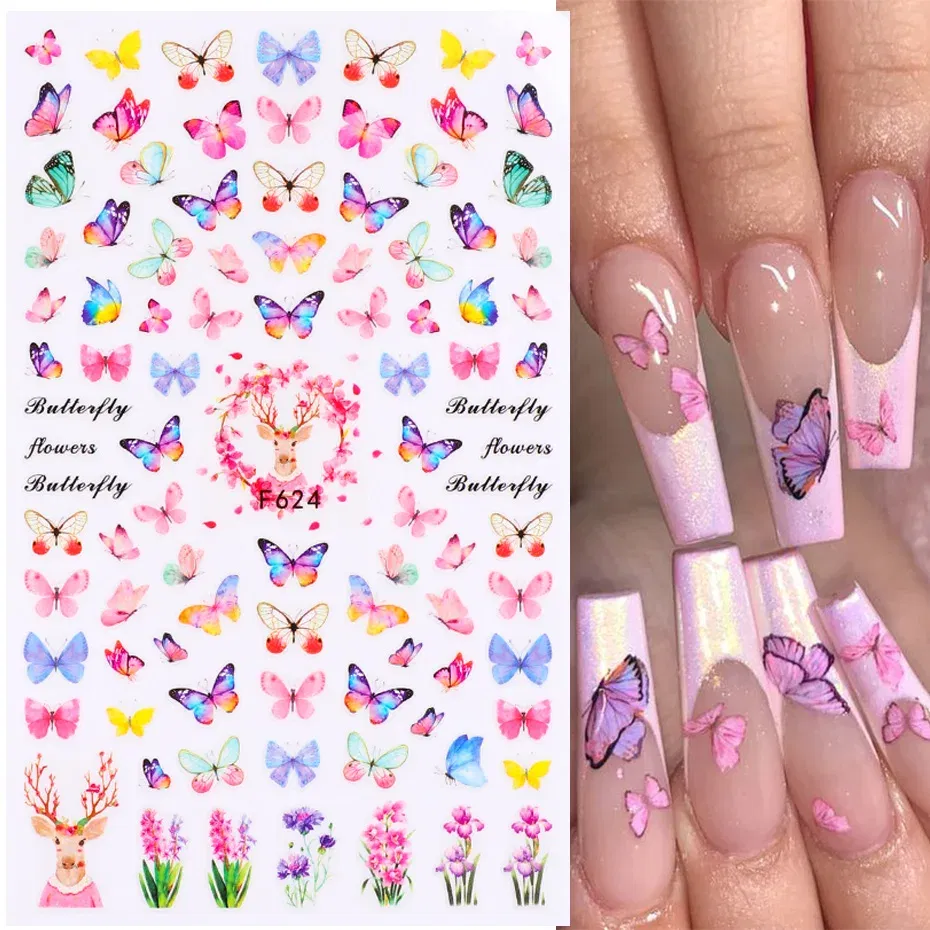 Color: Light Khaki - 3D Blue Butterfly Adhesive Stickers Nail Art Decoration Laser Flowers Leaves Nail Sticker Nail Art Supplies Nail Parts