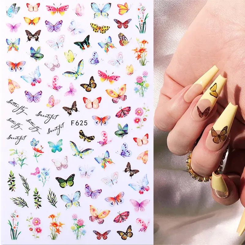 Color: Light Khaki - 3D Blue Butterfly Adhesive Stickers Nail Art Decoration Laser Flowers Leaves Nail Sticker Nail Art Supplies Nail Parts