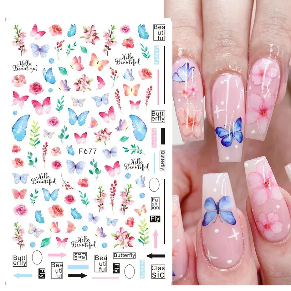 Color: Light Khaki - 3D Blue Butterfly Adhesive Stickers Nail Art Decoration Laser Flowers Leaves Nail Sticker Nail Art Supplies Nail Parts