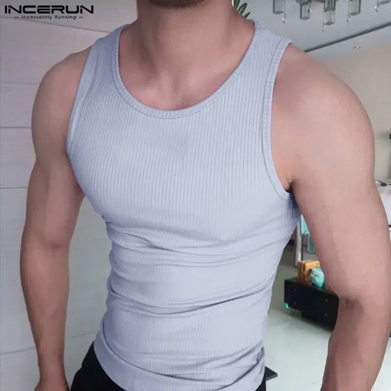 Color: Pink, Size: L - INCERUN Men Tank Tops Solid Color O-neck Sleeveless Streetwear Summer Casual Vests Skinny 2023 Fashion Leisure Men Clothing 5XL