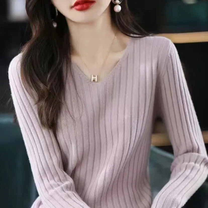 Color: Burgundy, Size: M - Women Sweater Long Sleeve Top Knitted Pullover V-Neck Fashion Sweater Woman Winter Basic Female Clothing Soild OL Sweater DF4933