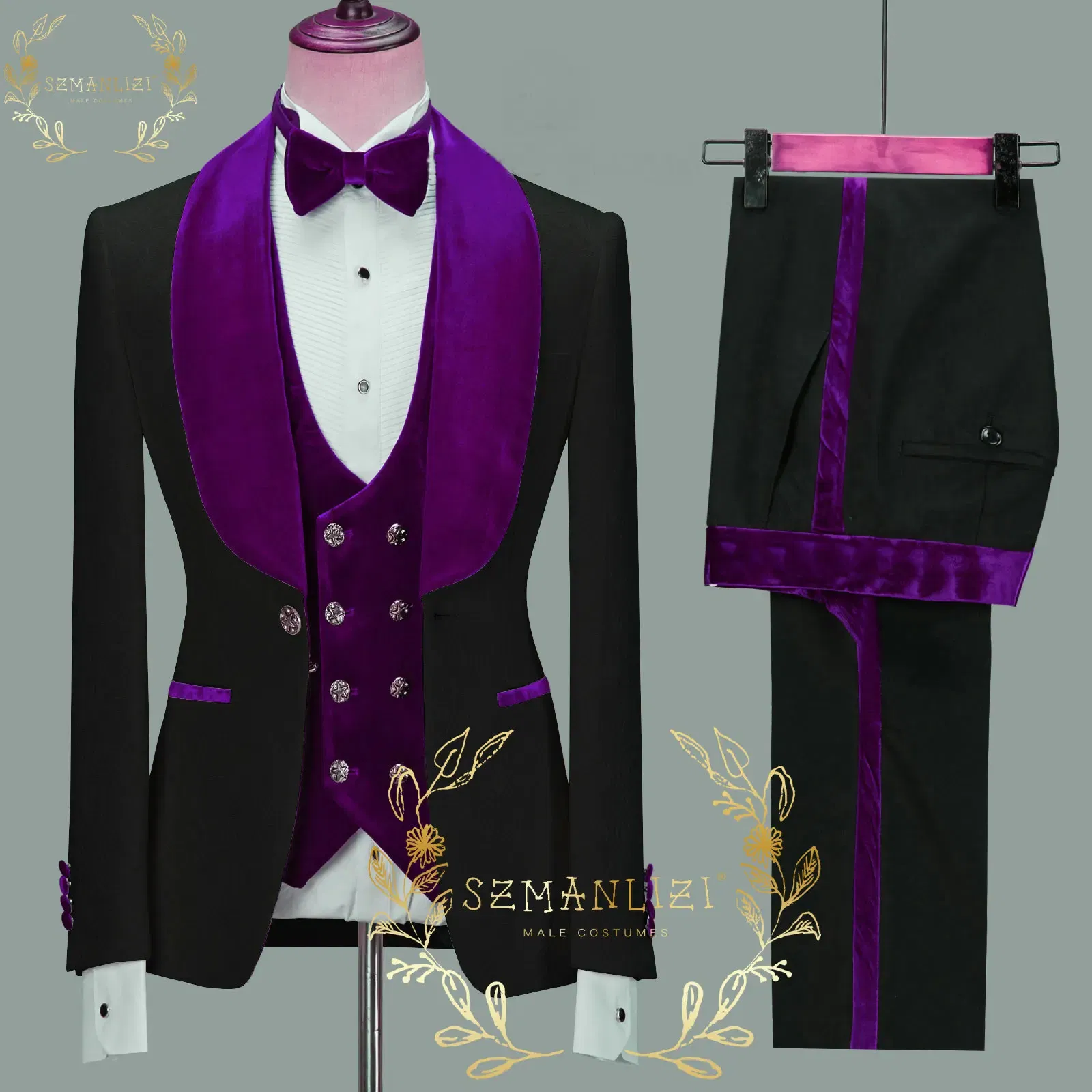 Color: Blue, Size: One Size - SZMANLIZI 2022 Latest Designs Black Floral Party Blazer Men Suits Costume Homme Groom Tuxedos Wedding Terno Masculino 3 Pieces