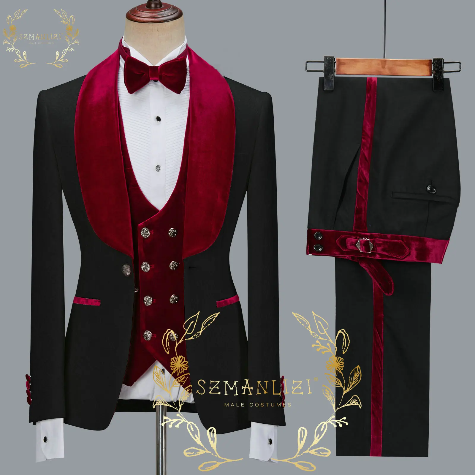 Color: Blue, Size: One Size - SZMANLIZI 2022 Latest Designs Black Floral Party Blazer Men Suits Costume Homme Groom Tuxedos Wedding Terno Masculino 3 Pieces