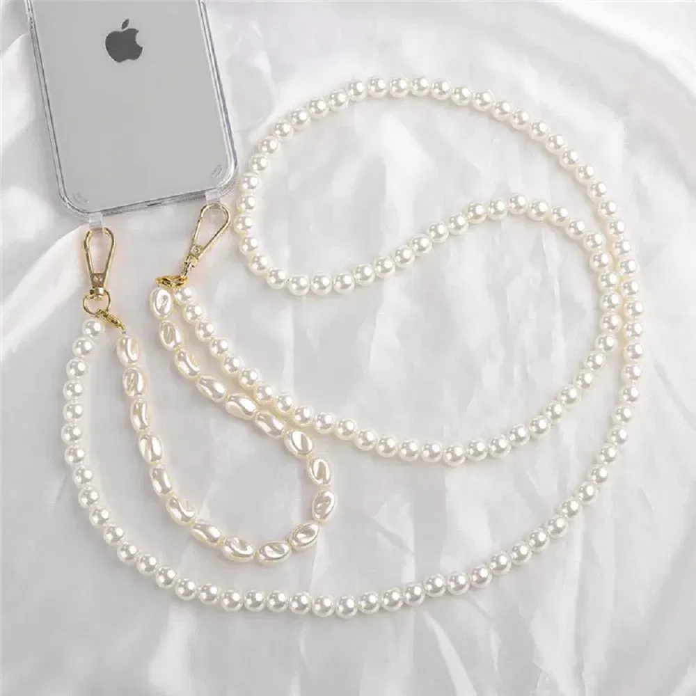 Color: cream, Bundle: Case & Strap, Material: PE - Korean Pearl Bracelets Chain Case with Lanyard Aesthetic Luxury Shell for Iphone 15 12 14 Pro Max XR X XS 7 8 Plus 15 Pro Cover