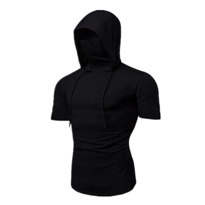 Color: GRAY, Size: S - Mens Gym Thin Hoodie Short Sleeve Hoodies With Mask Sweatshirt Casual Splice Large Mask Hoodie Sweatshirt Hooded Tops Cycling