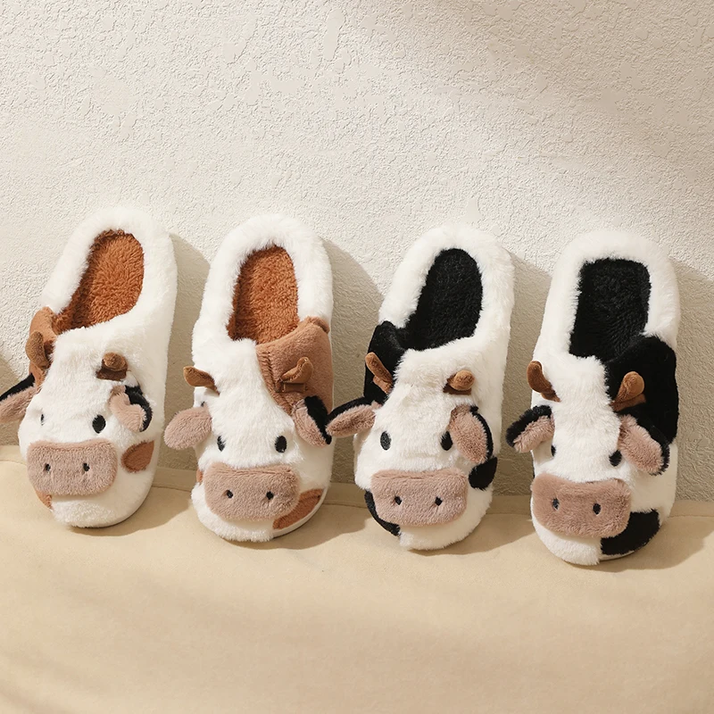 Color: Khaki, Shoe Size: 43 - New Winter Unisex Cartoon Cow Warm Plush Slippers Couple's Indoor Non-slip House Mule Men And Women Toe Wrap Home Cotton Shoes
