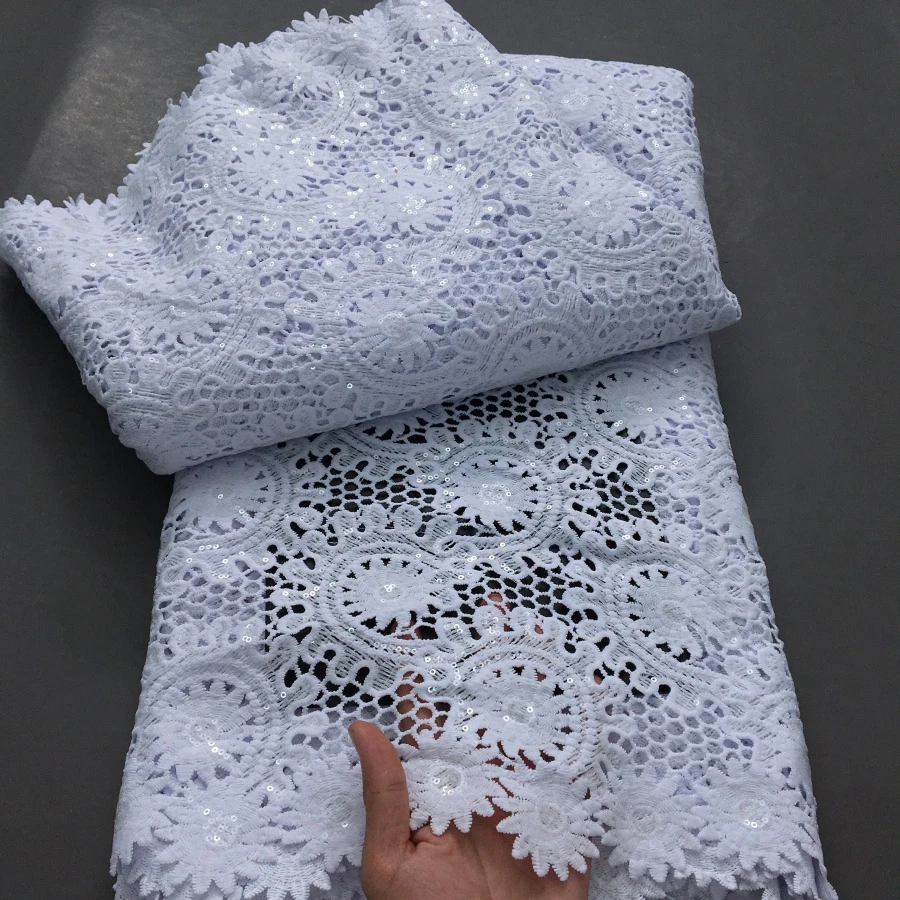 Color: WHITE, length: 5 yards, Width: 120cm - Nigerian Cord Guipure Lace Fabric High Quality 5 Yard Water Soluble White African Lace Fabric 2025 Elegant Dress for Women A4197