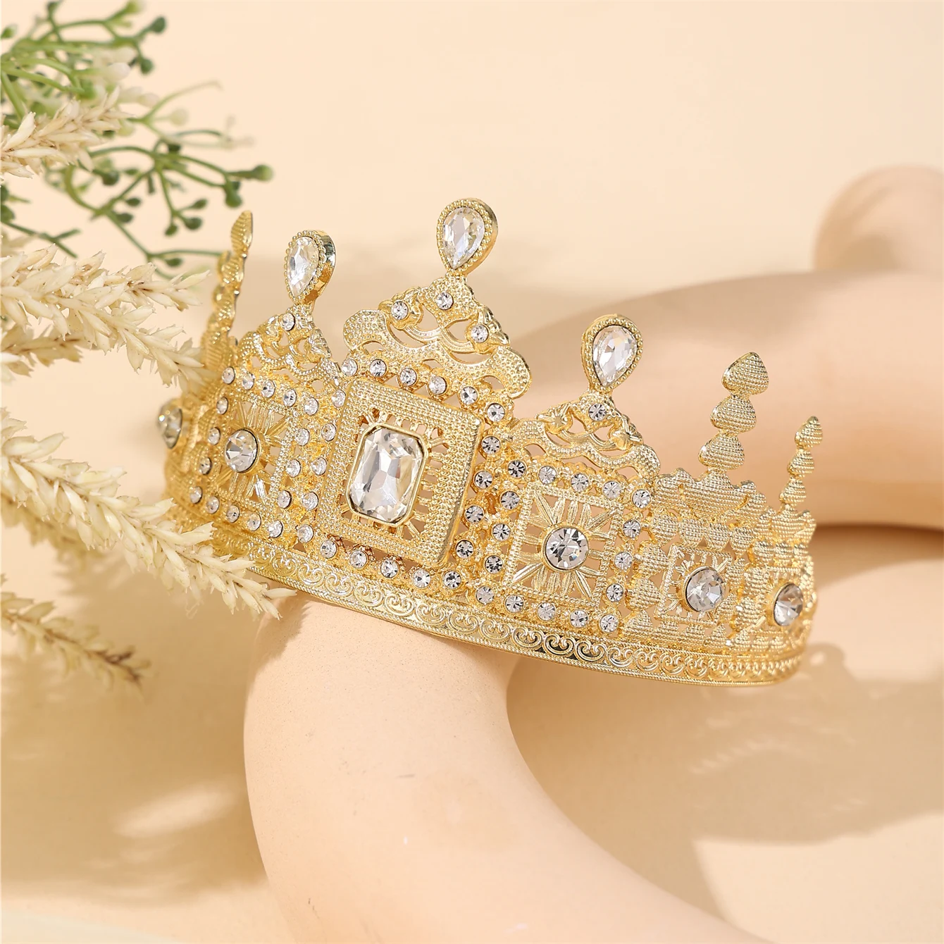 Metal color: Rhodium Plated - European Princess Queen Round Headdress Moroccan Bride Crystal Crown King Bride Headdress Wedding Hair Accessories