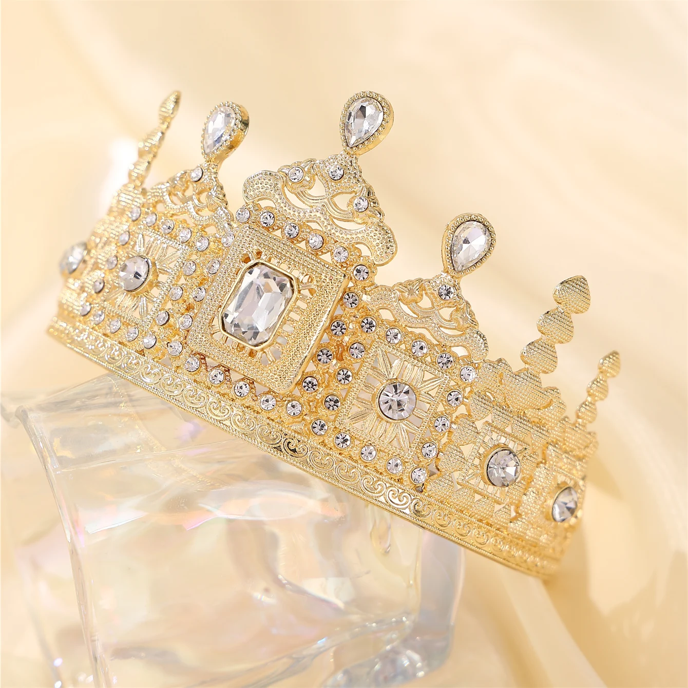 Metal color: Rhodium Plated - European Princess Queen Round Headdress Moroccan Bride Crystal Crown King Bride Headdress Wedding Hair Accessories