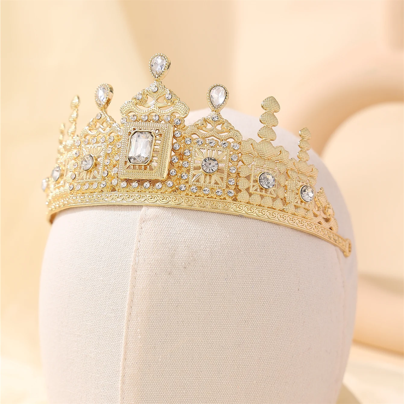 Metal color: Rhodium Plated - European Princess Queen Round Headdress Moroccan Bride Crystal Crown King Bride Headdress Wedding Hair Accessories
