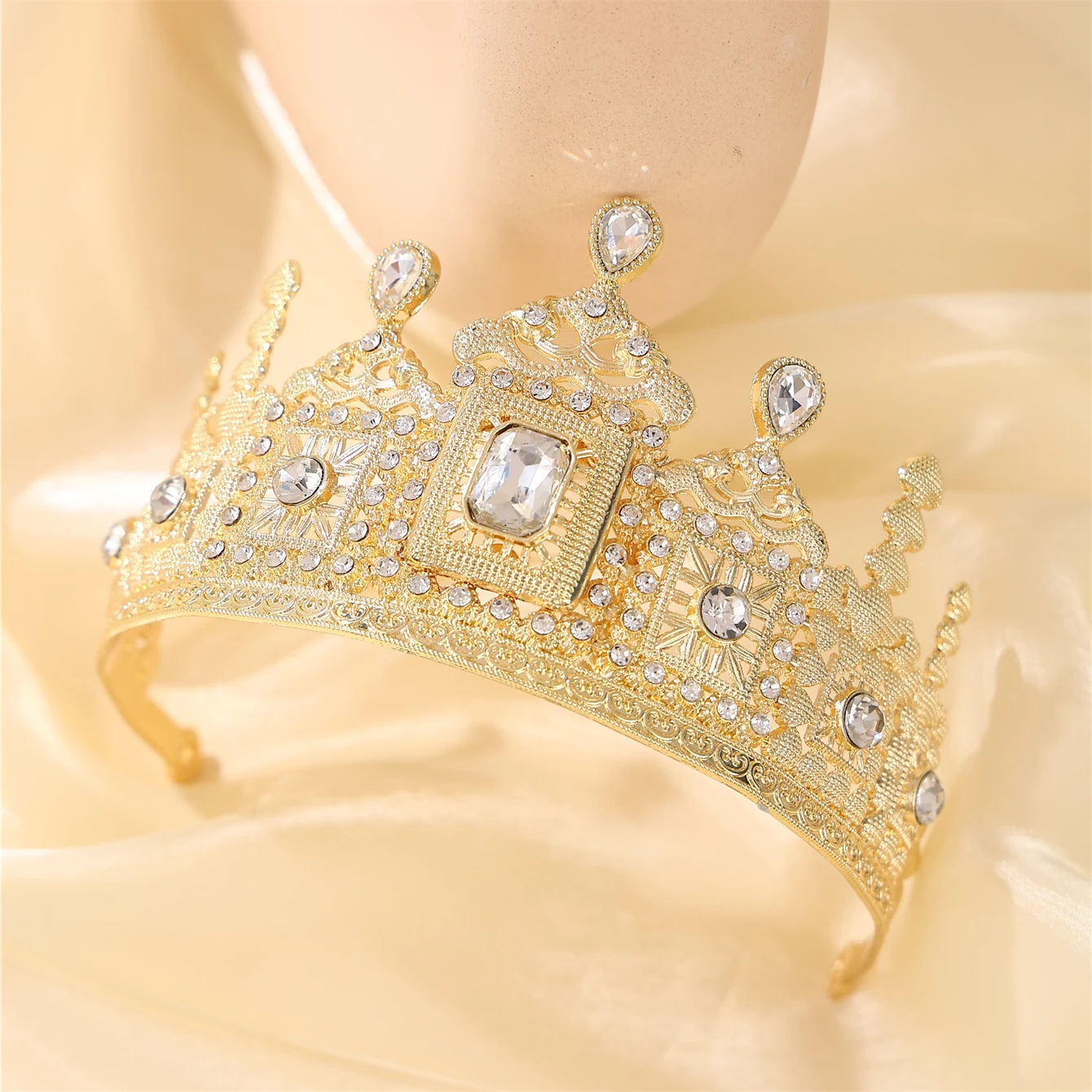 Metal color: Rhodium Plated - European Princess Queen Round Headdress Moroccan Bride Crystal Crown King Bride Headdress Wedding Hair Accessories