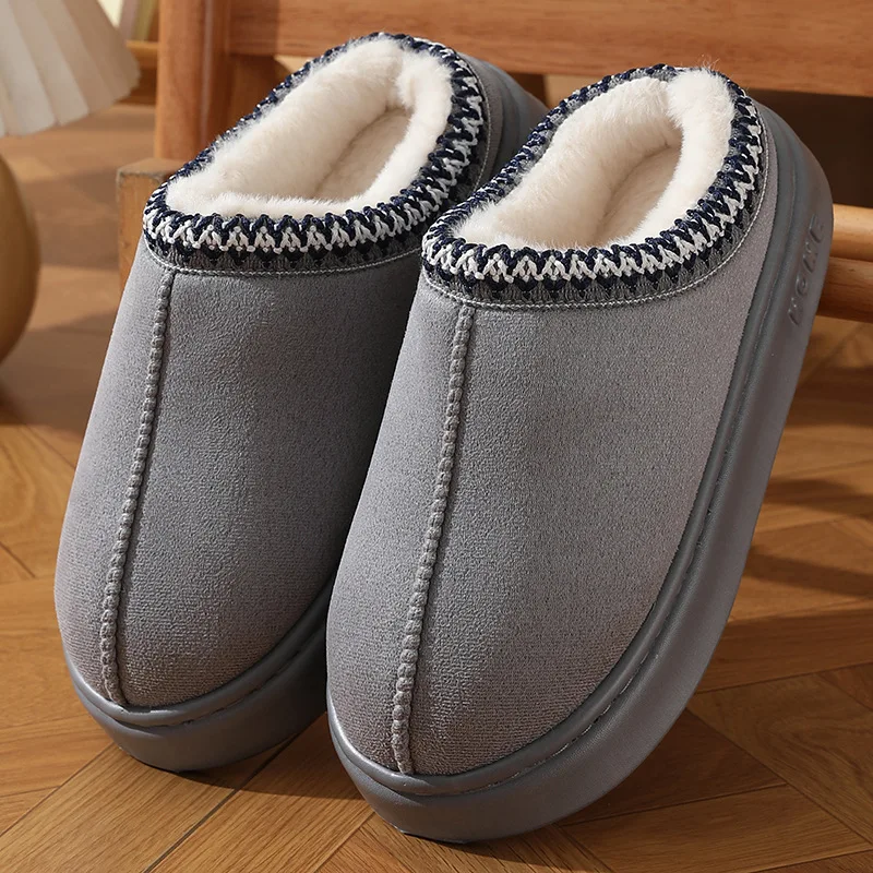 Color: GRAY, Shoe Size: 42-43 - Comfort Thick Bottom Cotton Slippers Women 2025 Winter Warm Thick Plush Non Slip Furry Clogs Shoes Embroidery Suede Snow Boots