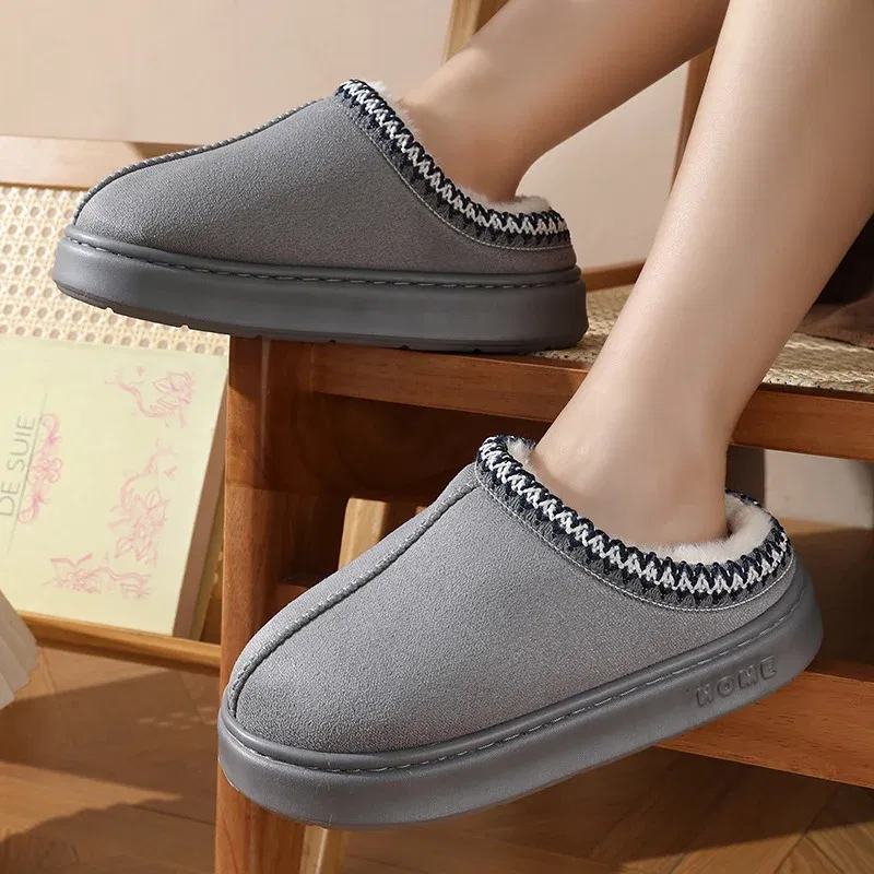 Color: GRAY, Shoe Size: 42-43 - Comfort Thick Bottom Cotton Slippers Women 2025 Winter Warm Thick Plush Non Slip Furry Clogs Shoes Embroidery Suede Snow Boots
