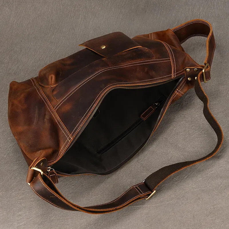 Color: black - 2025 New Style Men's Leather Chest Bag Retro Single Shoulder Crossbody Bag Multi-functional Shoulder Bag For Male Travel Bagpack