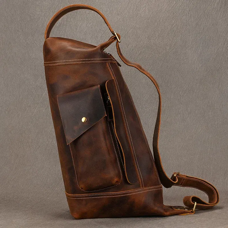 Color: black - 2025 New Style Men's Leather Chest Bag Retro Single Shoulder Crossbody Bag Multi-functional Shoulder Bag For Male Travel Bagpack