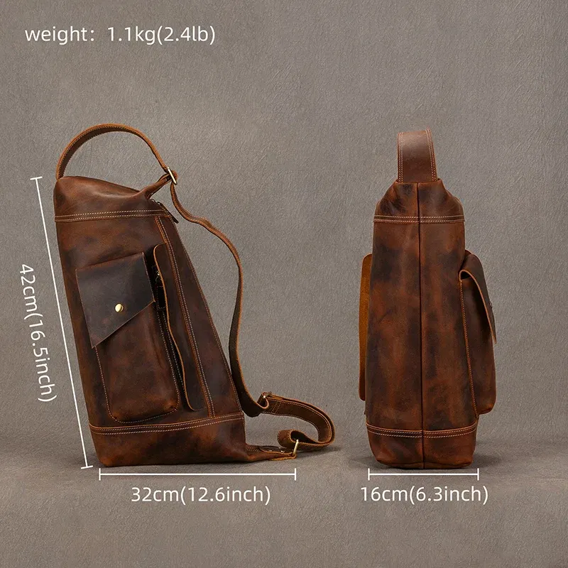 Color: black - 2025 New Style Men's Leather Chest Bag Retro Single Shoulder Crossbody Bag Multi-functional Shoulder Bag For Male Travel Bagpack