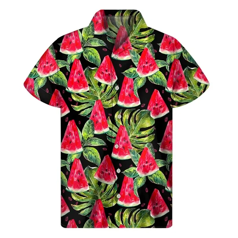 Color: Brown, Size: XL - Tropical Watermelon Graphic Hawaiian Shirt Summer Street Short Sleeves 3d Printed Fruits Button Shirts Men Clothes Lapel Blouse