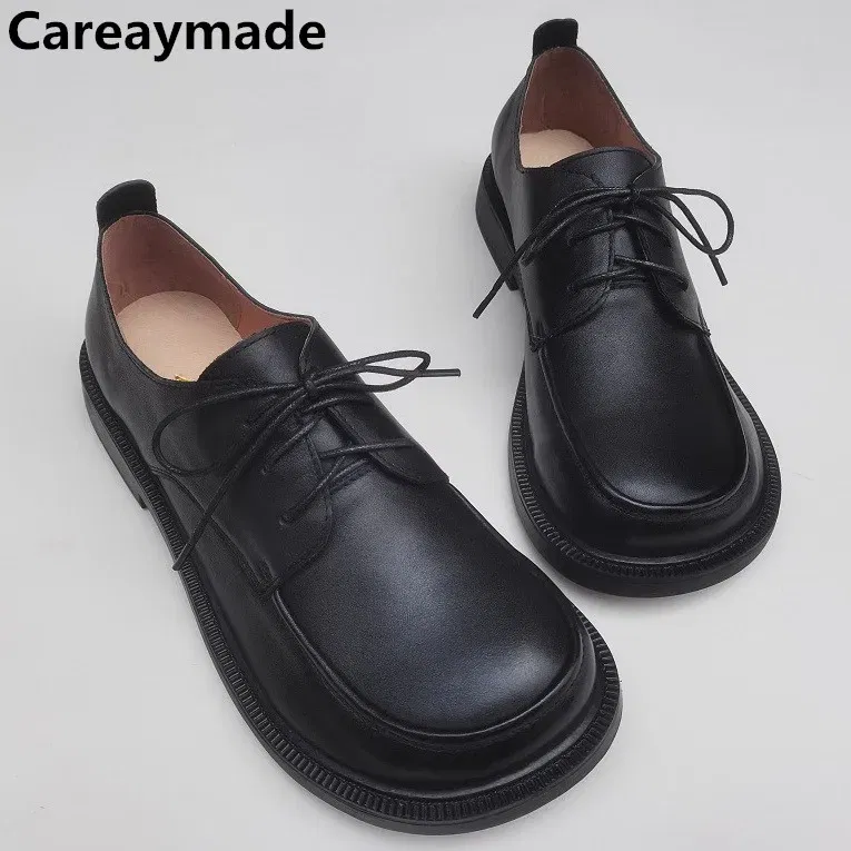 Color: black, Shoe Size: 9.5 - Careaymade-Genuine leather big head wide version men's English lace up leather shoes business leisure original single shoes