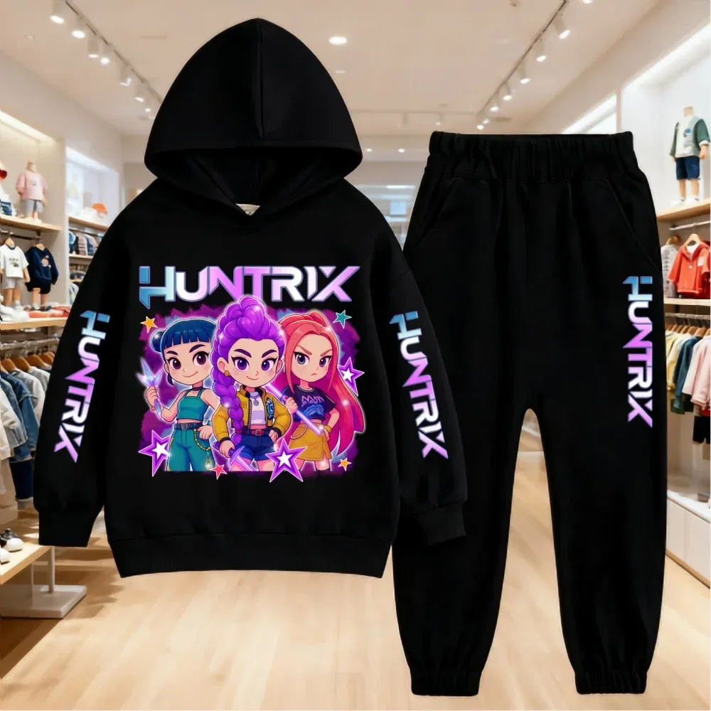 Color: black, Kid Size: 16 - 2025 KPop Demon Hunters Kids Hoodie Set Boys Teen Girls Hoody Sweatshirts With Pants Tracksuit Children's Autumn Clothing 2pcs