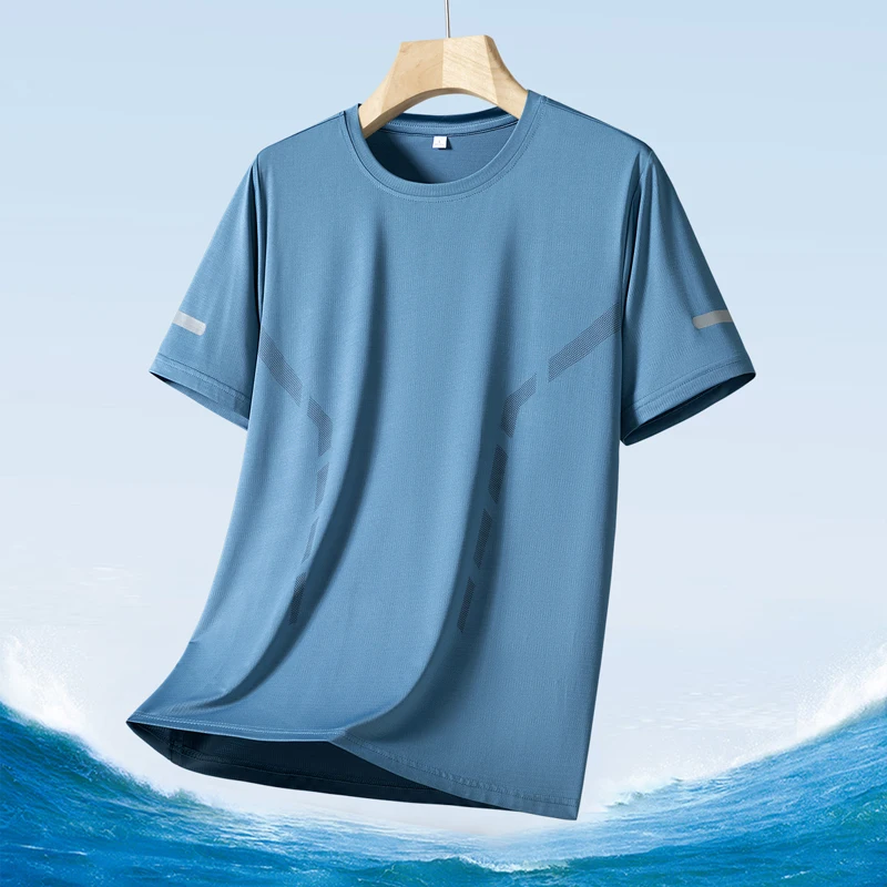 Color: Champagne, Size: XL - Men's Silk Ice Round Collar T-shirt, Simple Running Fitness Suit, Breathable Thin T-shirt, Quick Dry T-shirt, Summer