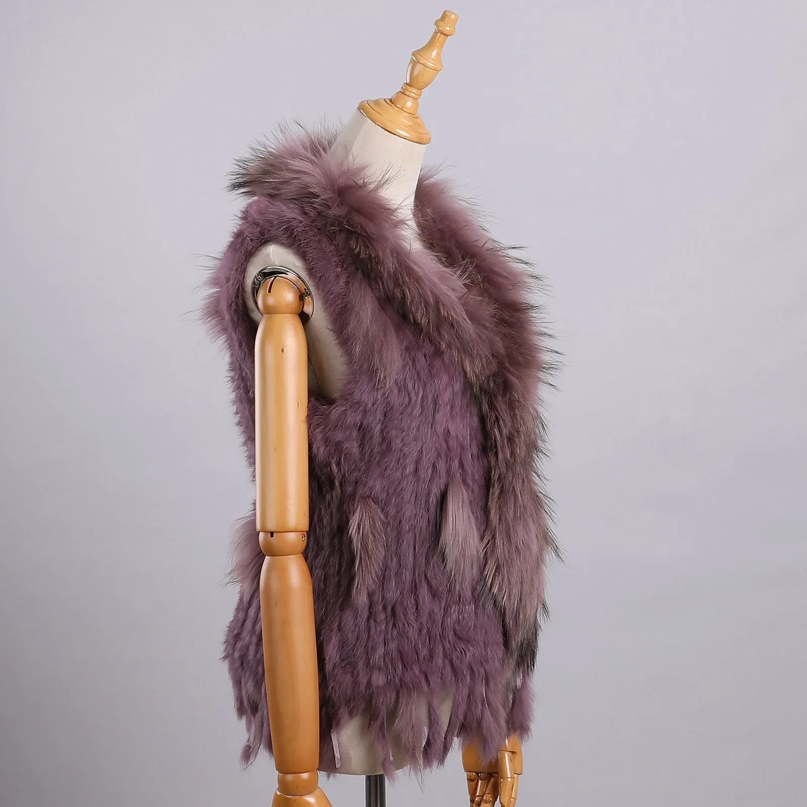 Color: Lavender, Size: L - Luxury Women's Genuine Premium Long Hair Rabbit Fur Knit Vest Raccoon Fur Trim Gilet Lady Sleeveless Waistcoat Real Fur Jacket