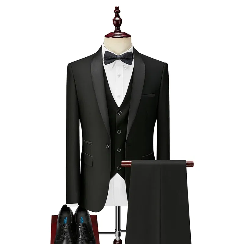 Color: black, Size: 4XL - Shenrun Men Tuxedo Slim Fit Fashion Suit Wedding Shawl Lapel 3 Pieces Skinny Single Breasted Jacket Party Prom Singer Costume