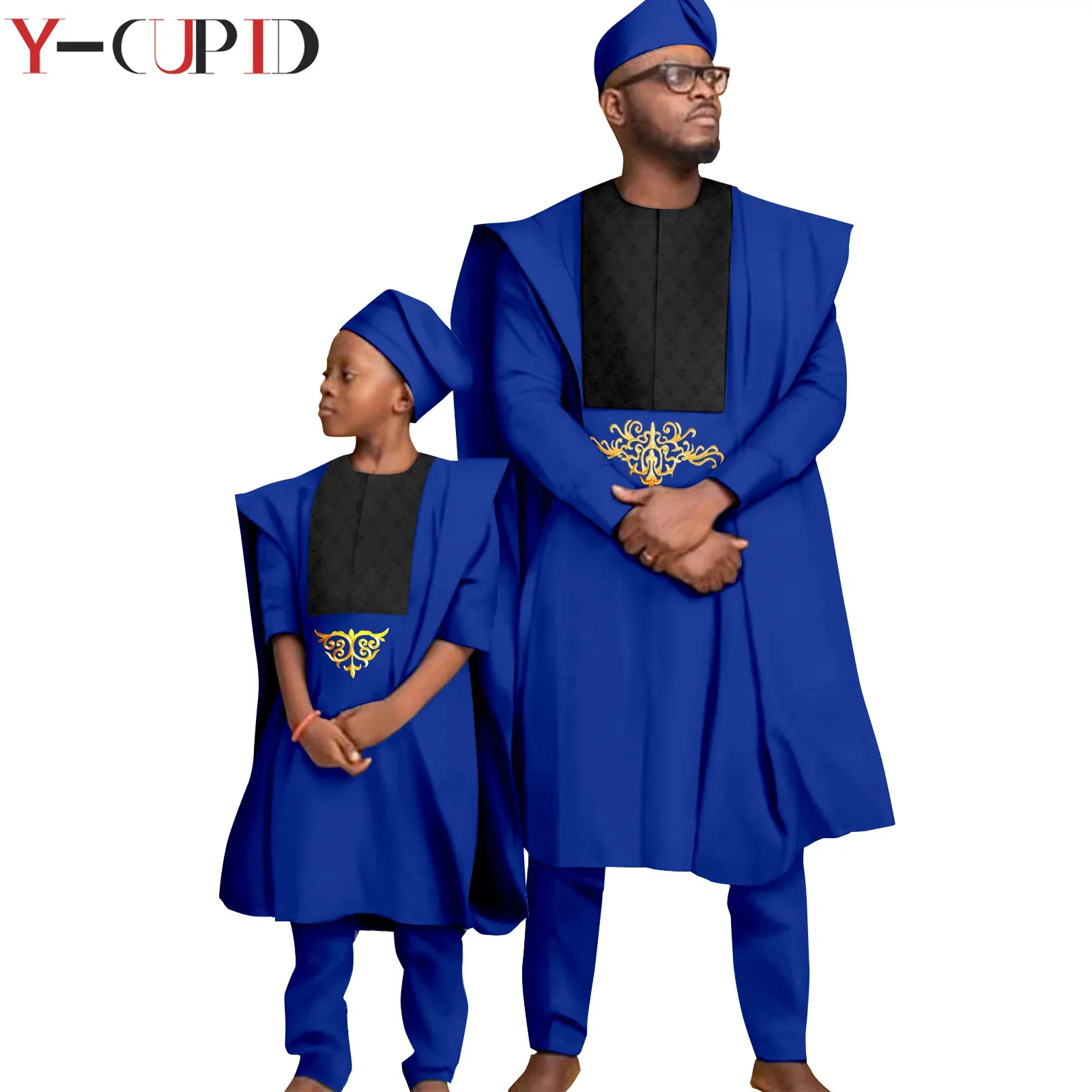 Color: Yellow, Size: Mother 4XL - African Clothes for Men Top Pants Robes Hat Sets Match Kid Boy Sets Dashiki Father and Son Bazin Riche Family Outfits Y20F001