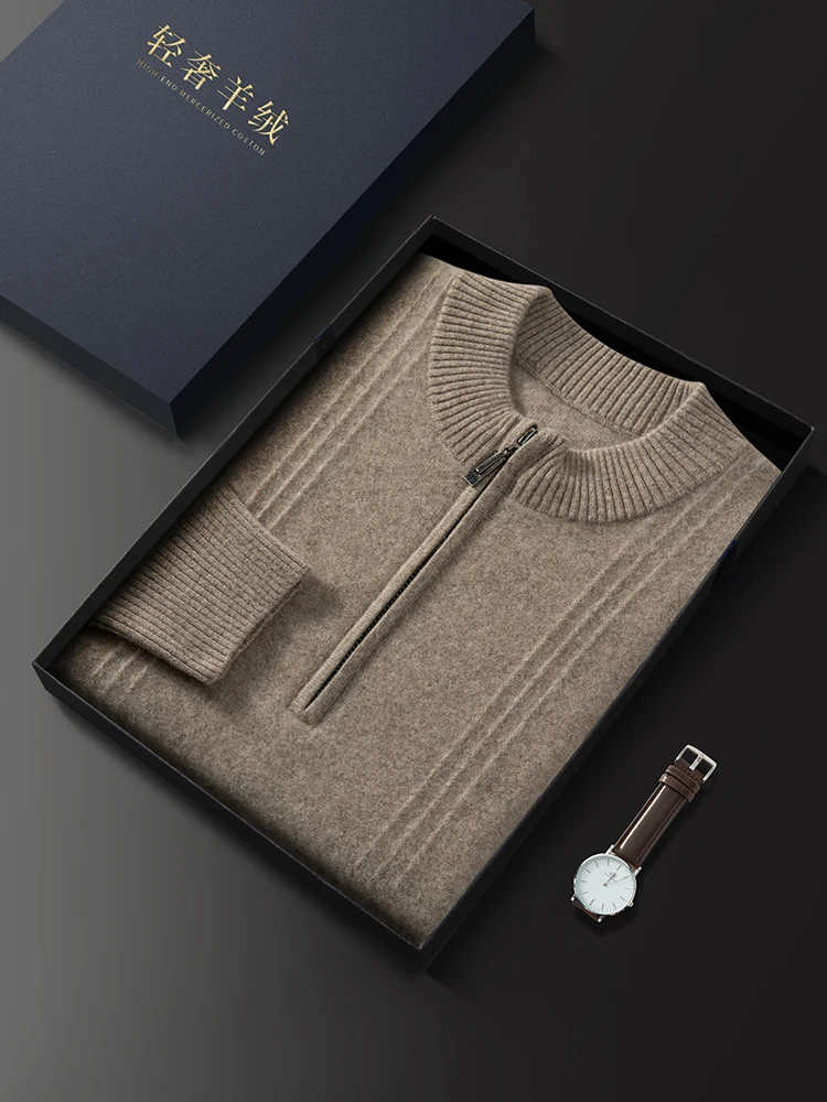 Color: Brown, Size: XXL - Men's Sweater Pullover Autumn Winter Sweater Warm Clothing 100% Cashmere Business Long Sleeve Classic Quality Mock Neck Knit Top