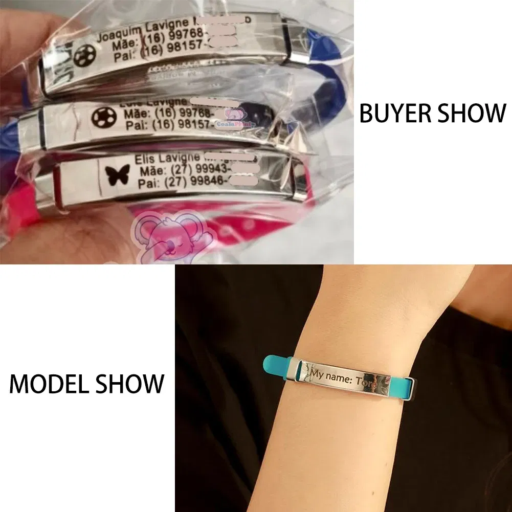 Metal Color: Hot Stamping, Length: 17cm - Personalized ID Bracelet Kids Children Adjustable Soft Silicone Stainless Steel Pendant Emergency Name Phone Custom Bracelets