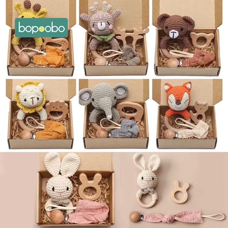 Color: army green - Bopoobo 3PCS/5PCS Crochet Bunny Baby Teether Rattle Animal Beech Wood Teether Pacifier Chain Crochet Rattle For Newborn Baby