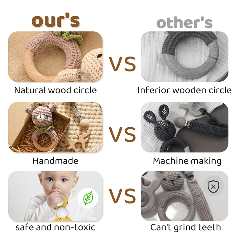 Color: army green - Bopoobo 3PCS/5PCS Crochet Bunny Baby Teether Rattle Animal Beech Wood Teether Pacifier Chain Crochet Rattle For Newborn Baby