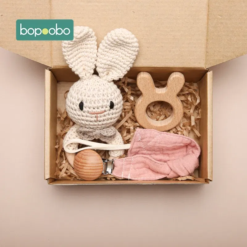 Color: army green - Bopoobo 3PCS/5PCS Crochet Bunny Baby Teether Rattle Animal Beech Wood Teether Pacifier Chain Crochet Rattle For Newborn Baby